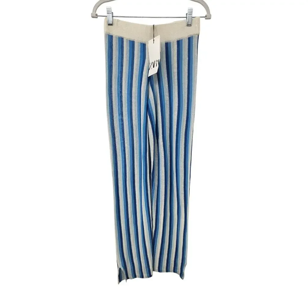 New NWT Zara Linen Wide Leg Blue White Stripe Pants‎ Size Small